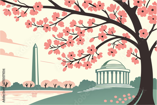 “Cherry blossoms in D.C. with monuments, spring pastel vector”