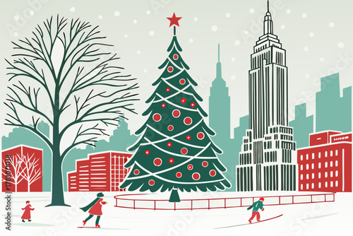 “Christmas in NYC with tree and skyline, festive vector”