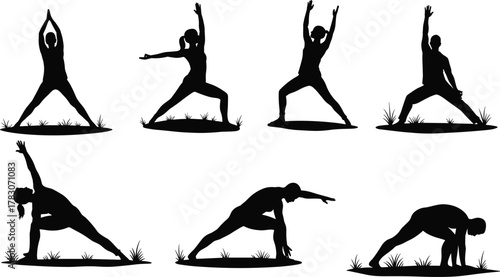 Yoga pose silhouette set, fitness icon collection, stretching exercise vector, wellness graphic, cad drawing flat vector illustrationt
