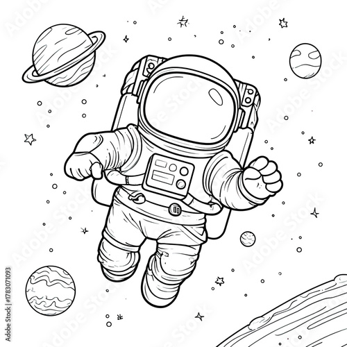 Detailed line art illustration of an astronaut floating in space surrounded by planets and stars, perfect for coloring.