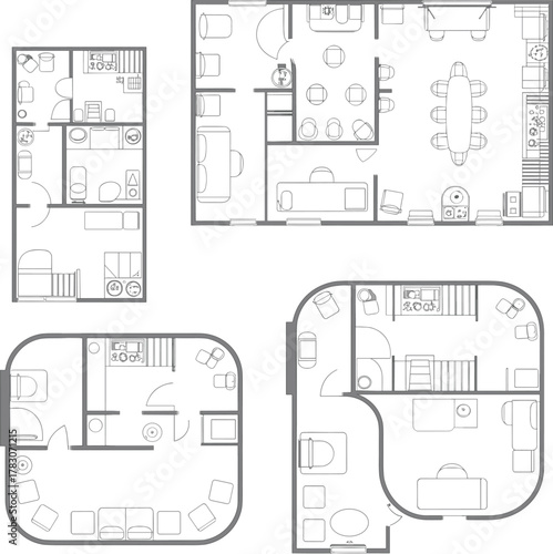Modern architectural house floor plan collection, showcasing diverse residential layouts, functional interior design, room arrangements, and innovative housing concepts.