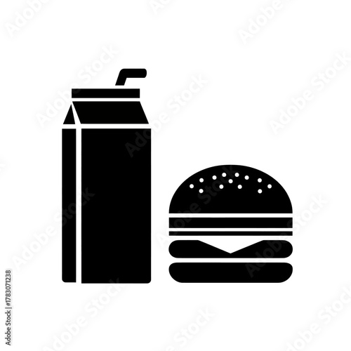 Black and white image of a carton of juice and a hamburger.