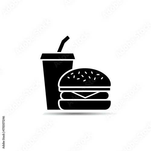 A black silhouette icon representing a fast food meal, featuring a hamburger and a drink with a straw.