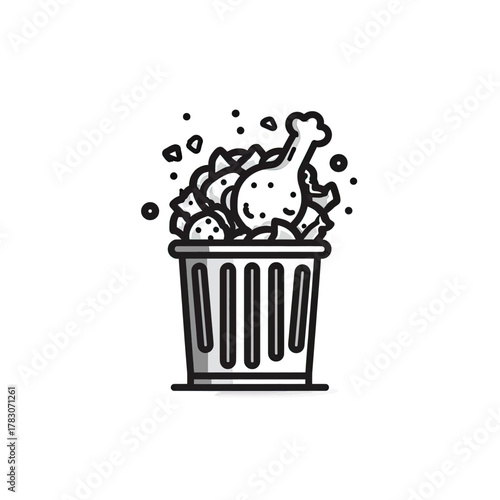 Illustration of a trash can overflowing with discarded fried chicken pieces and crumbs.