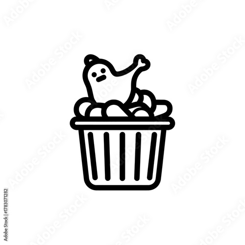 Cartoon chicken in a basket, simple line art illustration of poultry.