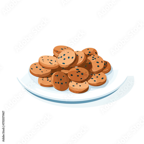 A pile of freshly baked chocolate chip cookies on a white plate.