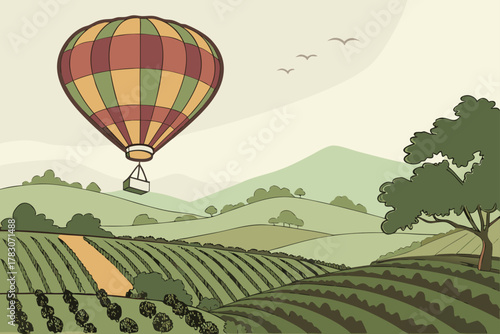 “Hot air balloon over Napa vineyards, dreamy vector”