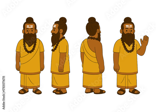 “Cartoon Hindu Sage Character Turnaround – Front, Side, and Back Views