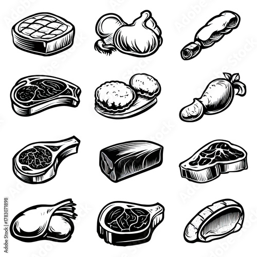 A collection of various meat cuts, including steaks, chops, and poultry, in a vintage engraved style.