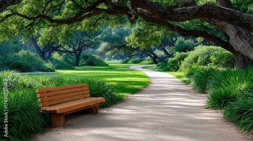 Tranquil Forest Clearing with a Wooden Bench on a Sunlit Path Lined with Lush Greenery and Mature Trees Casting Shadows