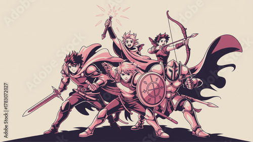 Group of fantasy warriors illustration heroic characters with weapons and armor ready for battle in a vintage style