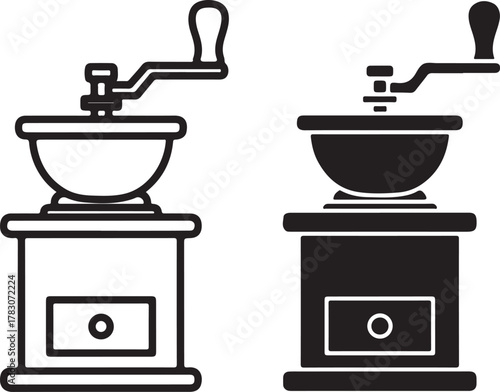 Manual coffee grinder outline and solid icon for fresh brewing. hand crank mechanism for grinding coffee beans. espresso preparation tool. isolated on white background, Vector, illustration