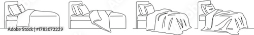 Modern bed sketch set, blanket fold stages, pillow layout illustration, interior design element, bedding arrangement, minimal furniture graphic, cozy sleep concept line art