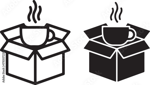 Coffee subscription box with steaming cup icon for online beverage delivery service, monthly retail, and recurring orders. isolated on white background, Vector, illustration