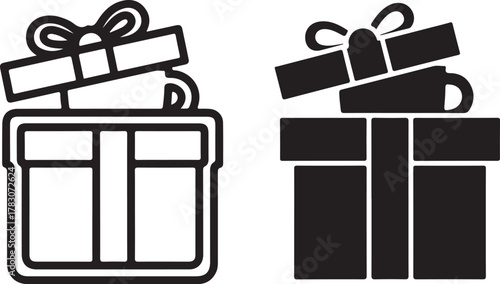 Outline and solid style gift box icon with open lid revealing a ceramic mug, perfect for celebration, surprise, and coffee themes isolated on white background, Vector, illustration