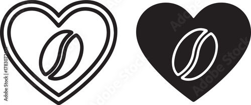 Coffee love icon set featuring two distinct heart designs with coffee beans, one outlined and one solid, symbolizing passion for caffeine beverage isolated on white background, Vector, illustration