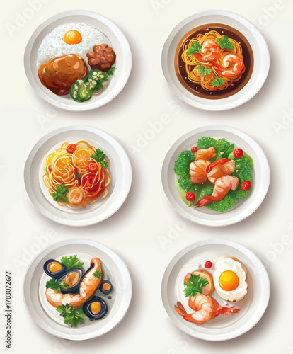 A collection of six different plates of delicious and colorful food, ready to be eaten.