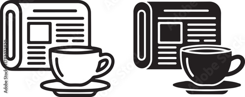 Newspaper and coffee cup line art and solid icons depicting morning news, daily information, communication, and a relaxing break. isolated on white background, Vector, illustration