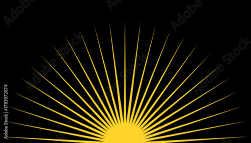 Golden sunset with radiant rays rising from the horizon on a bold black background. Bright, luminous beams and a dramatic glow create an inspiring modern effect, perfect for dynamic graphic designs an