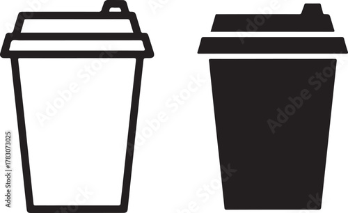 Outline and solid silhouette vector icons of a disposable coffee cup, ideal for takeaway hot and cold beverages, coffee, tea, and drink concepts. isolated on white background, Vector, illustration