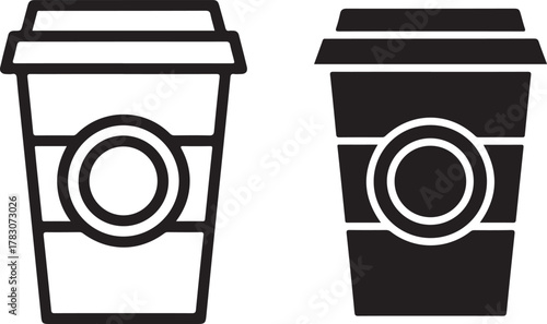Outline and solid black coffee cup icon set with lid and circular label area, perfect for web design, app interfaces, and branding. isolated on white background, Vector, illustration