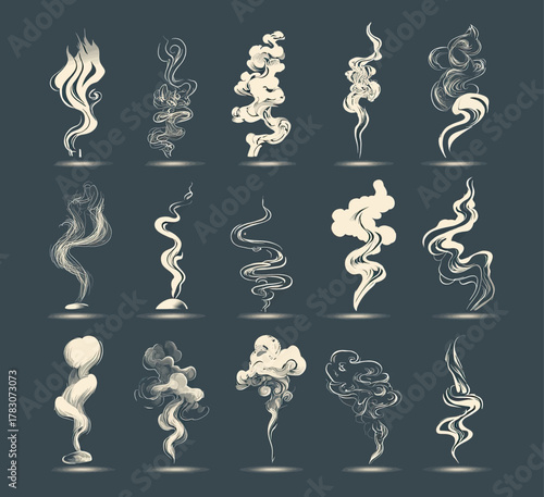 Collection of stylized smoke trails in various shapes and densities on a dark background.