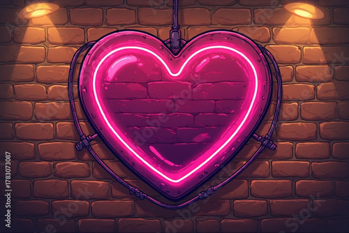 A glowing neon heart sign mounted on a textured brick wall, illuminated.