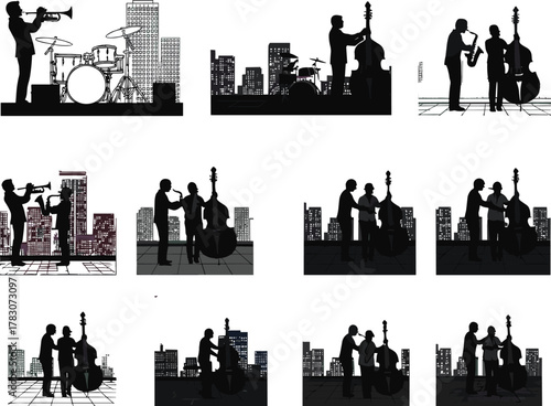 Jazz musicians performing on rooftop at night, city skyline background, trumpet saxophone and double bass band, urban music concert vector illustration