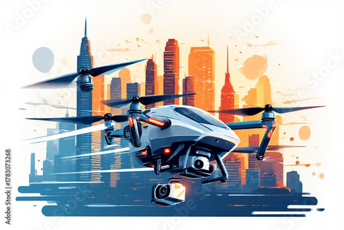 A futuristic drone delivering a package amidst a vibrant cityscape, showcasing speed.