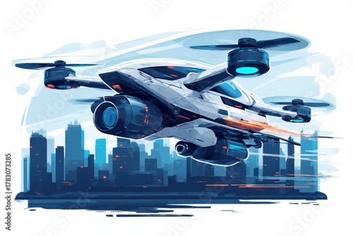 Futuristic drone aircraft flying over a stylized cityscape, showcasing technology.