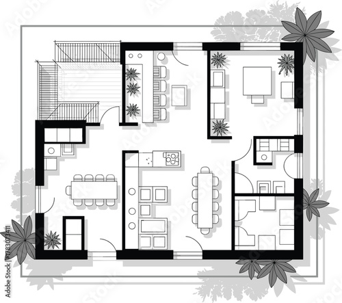 Modern black and white house floor plan with garden layout, detailed furniture arrangement, ideal for architecture, interior, home design concepts.