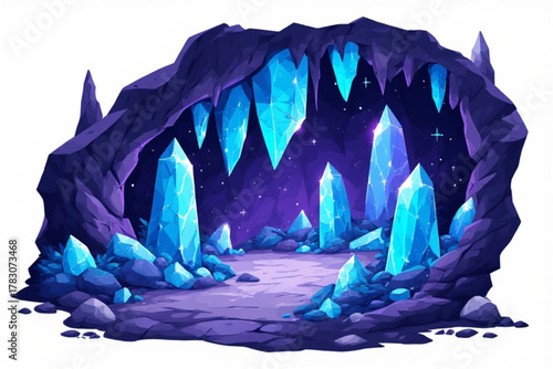 An illustration of a cave with glowing blue crystals and a starry night sky visible through the entrance.