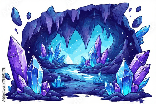A cave entrance filled with large, colorful crystals and a small stream, in a stylized illustration.