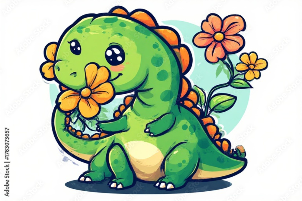 Fototapeta premium Adorable cartoon dinosaur smelling a flower, with other flowers blooming behind it.