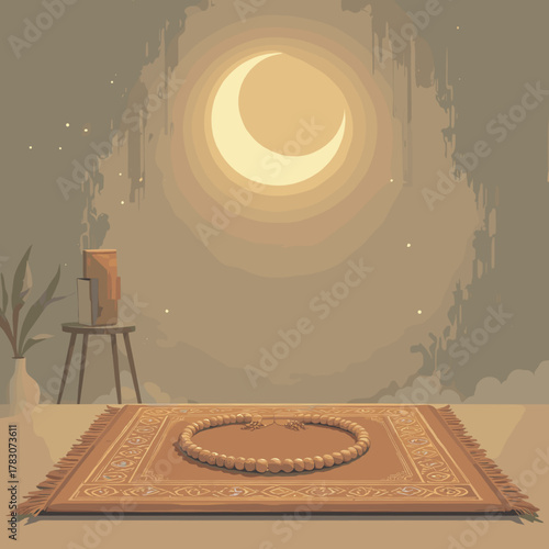 A serene Islamic prayer rug is laid out on the floor, adorned with prayer beads, beneath a glowing crescent moon and starry night sky, creating a peaceful atmosphere for worship.