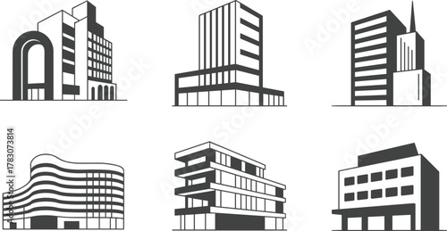 Modern building icons, commercial architecture silhouettes, office buildings, urban cityscape symbols, corporate structures, construction designs, real estate graphics