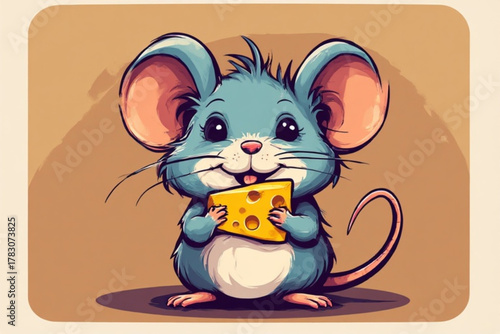 A cute cartoon mouse happily holding and eating a piece of cheese.