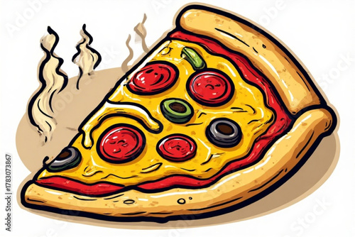 A cartoon-style illustration of a single slice of pizza with pepperoni, olives, and visible steam.