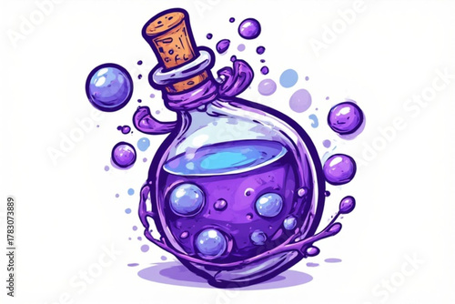 Cartoon illustration of a potion bottle with purple liquid, bubbles, and cork stopper, surrounded by splashes and orbs.