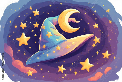 A whimsical illustration of a wizard's hat and crescent moon in a starry night sky.