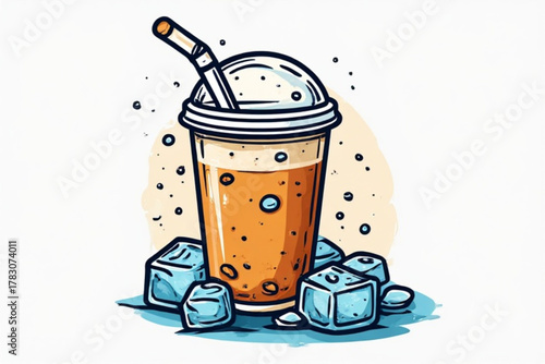 Refreshing iced beverage with a straw, ice cubes, and frothy topping.