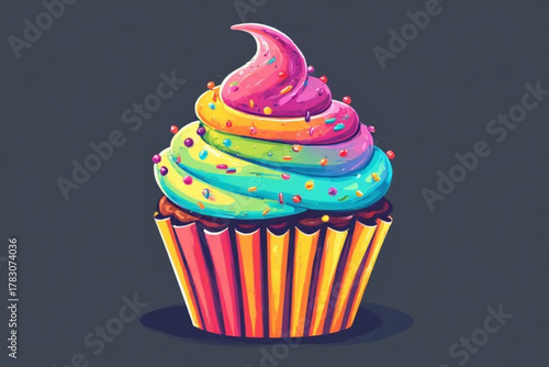A vibrantly colored cupcake with rainbow frosting and sprinkles, isolated on a dark background.