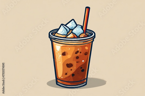 An iced coffee drink in a plastic cup with ice cubes and a straw, on a beige background.