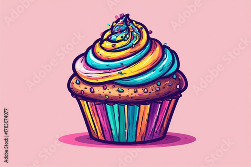 A colorful cupcake with rainbow frosting and sprinkles sits against a pink background.