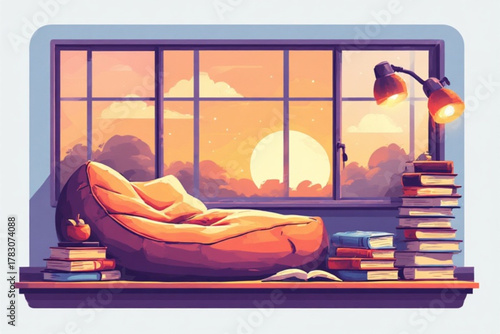 Cozy reading nook with a beanbag chair, books, and a lamp beside a large window overlooking a sunset.
