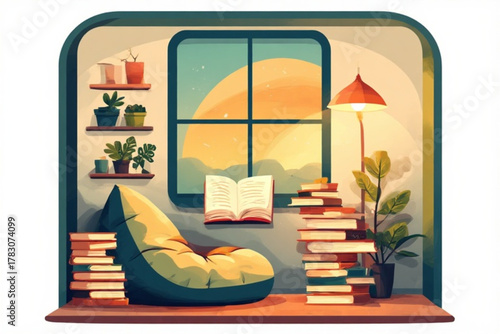 Cozy reading nook with beanbag chair, stacks of books, plants, and a window overlooking a bright sunset.