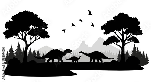 Prehistoric Dinosaur Family Silhouette in a Serene Ancient Landscape with Majestic Trees and Towering Mountains