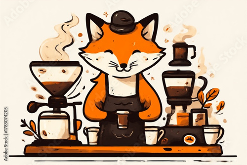 A cartoon fox barista crafting coffee, using equipment, with steam rising.