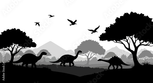 Silhouettes of various dinosaurs roaming in a prehistoric landscape under a cloudy sky with flying birds