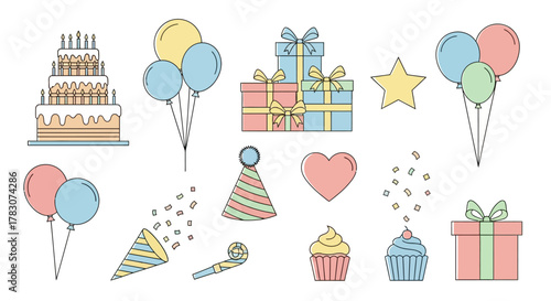 Collection of Birthday Party Elements Including Cake, Balloons, Gifts, Cupcakes, Party Hat, Whistle, and Confetti